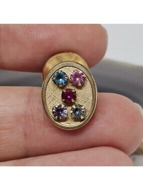 Vintage Multi Color Gemstone Yellow Gold Filled Oval Tie Tack Lapel Pin